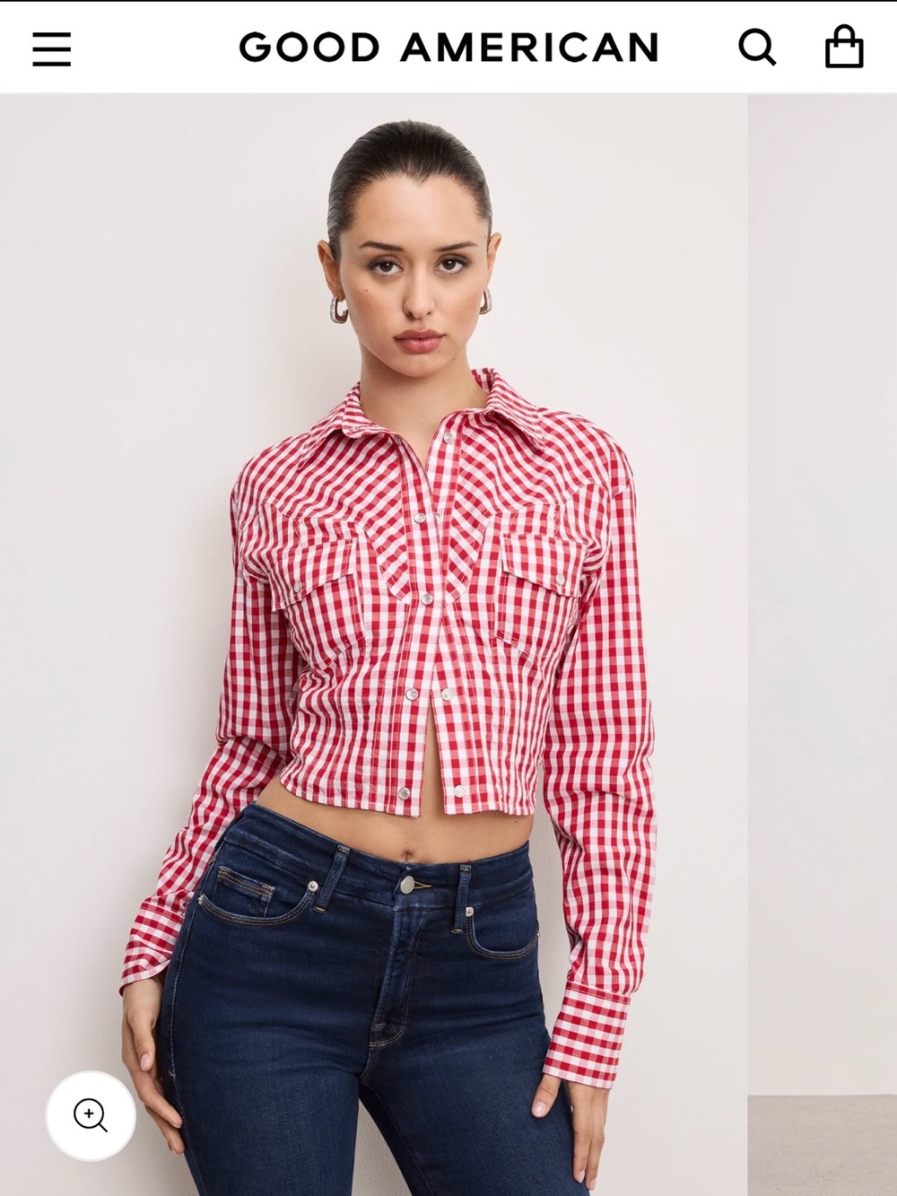Good American Red and White Gingham Cropped Button-Up Shirt